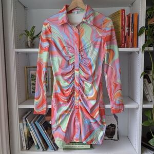 Fashion Nova Mini Dress Psychedelic Swirl Coral Mint Lavender Button-Up Small